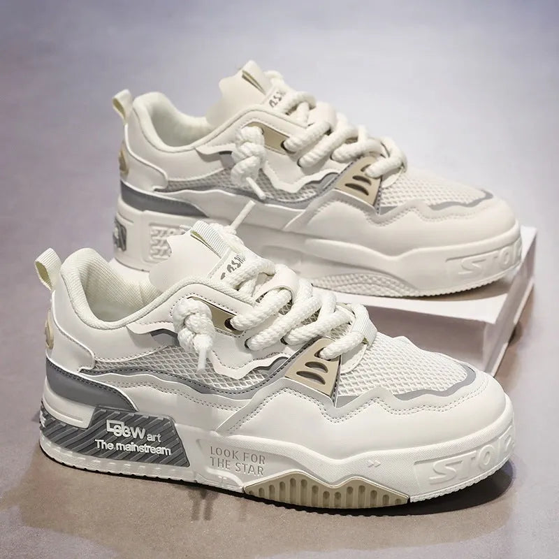 Men's soft bottom board shoes in three colour options: beige, white and black, white and yellow
