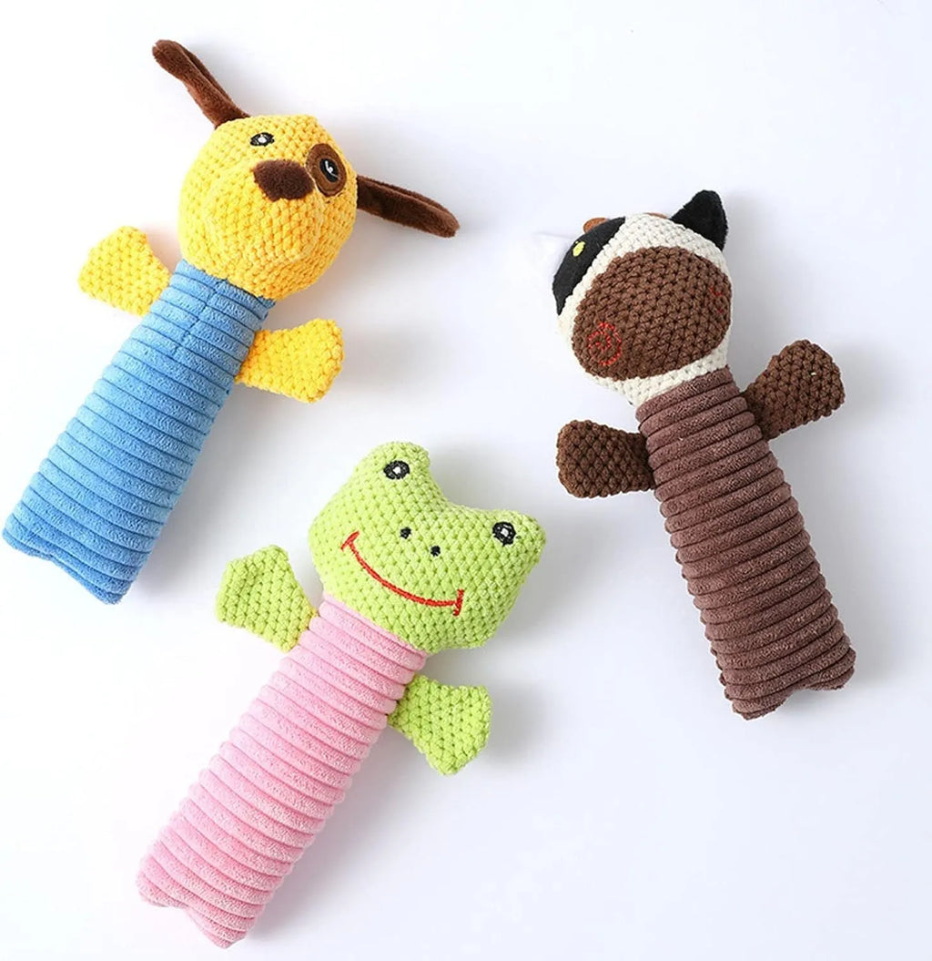 Squeaky plush dog chew toy in animal shape for dental cleaning, 19cm long