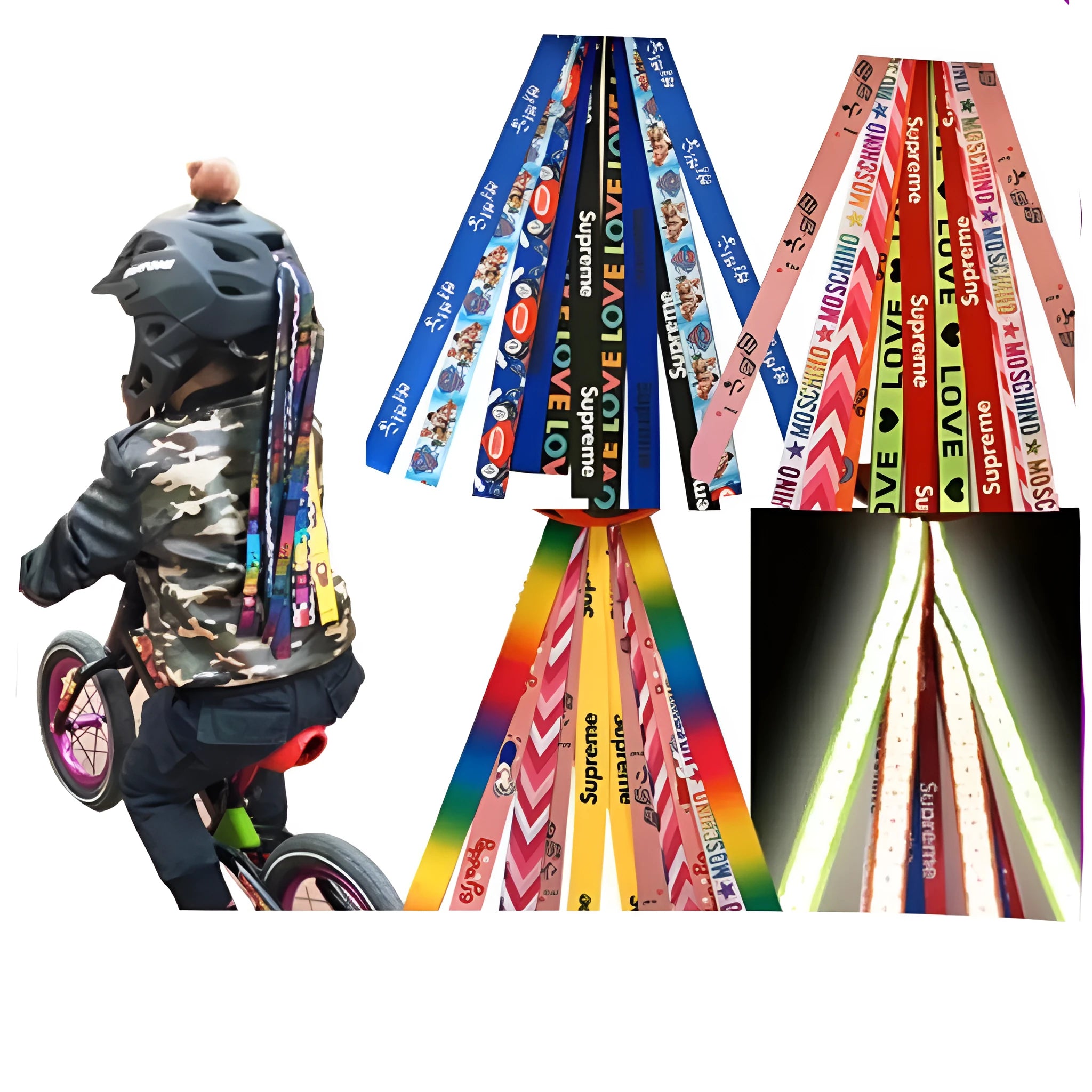 Children's decorative helmet streamer ribbon in multiple colours for roller skating and skiing safety gear.
