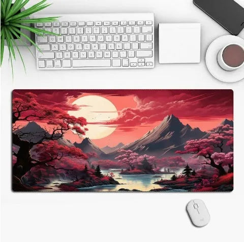 Anime pattern gaming mouse pad with non-slip rubber base on desk surface