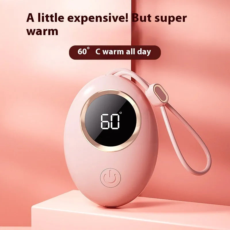 USB-powered hand warmer with digital display showing temperature, in charming blue colour