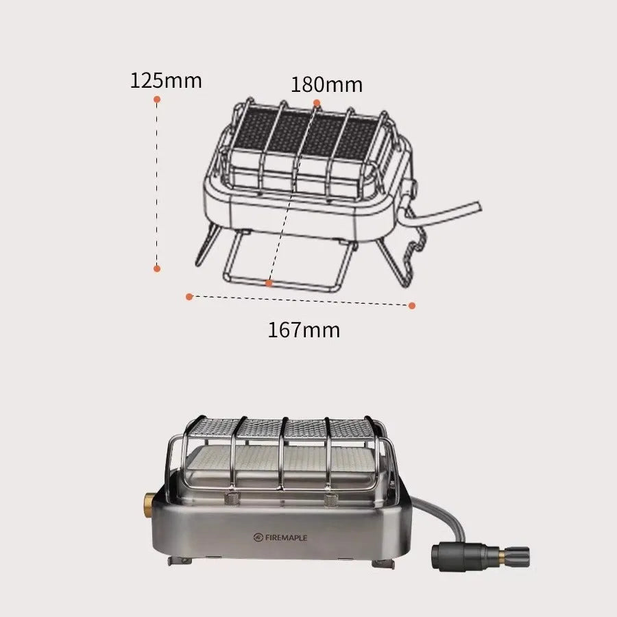 Outdoor heating stove showing expanded 180x167x125mm metal construction with voltage regulator