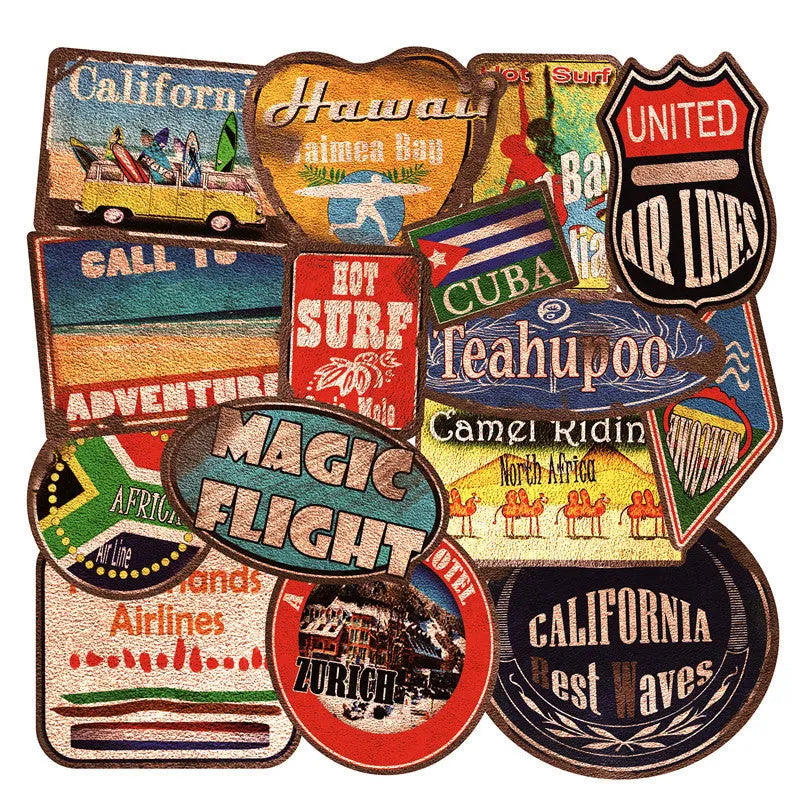 36-piece retro beach surfing sticker pack with PVC vinyl construction and matte protective film