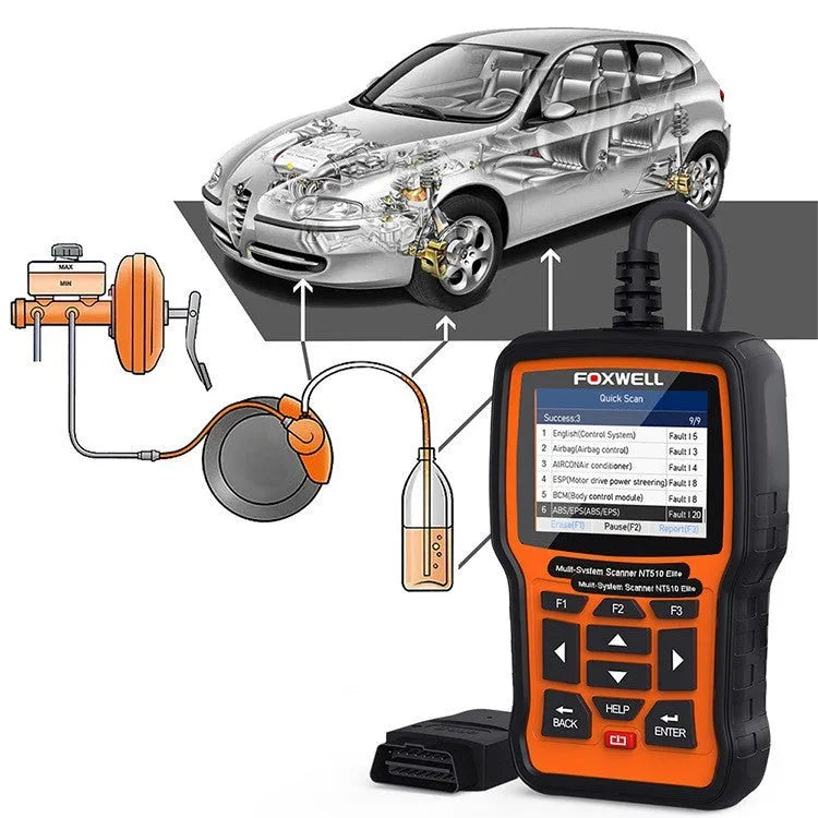 Foxwell NT510 orange and black automotive diagnostic tool with OBD2 cable
