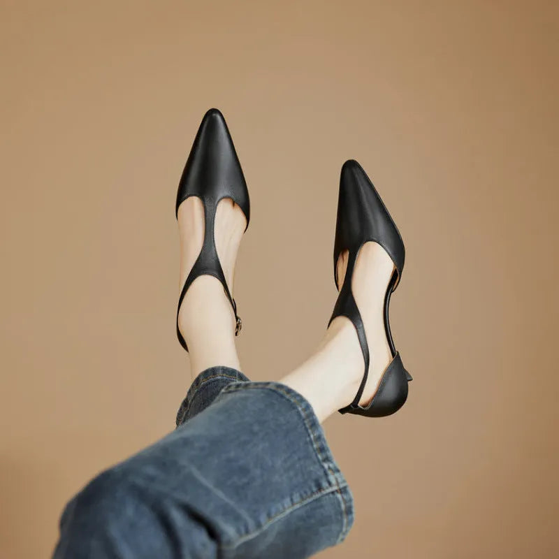 Women's vintage style high heels in cowhide leather with pointed toe design available in black or brown