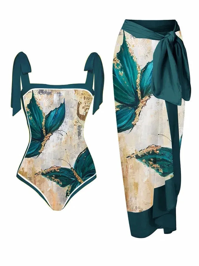 Women's printed floral swimsuit set with chiffon cover-up skirt