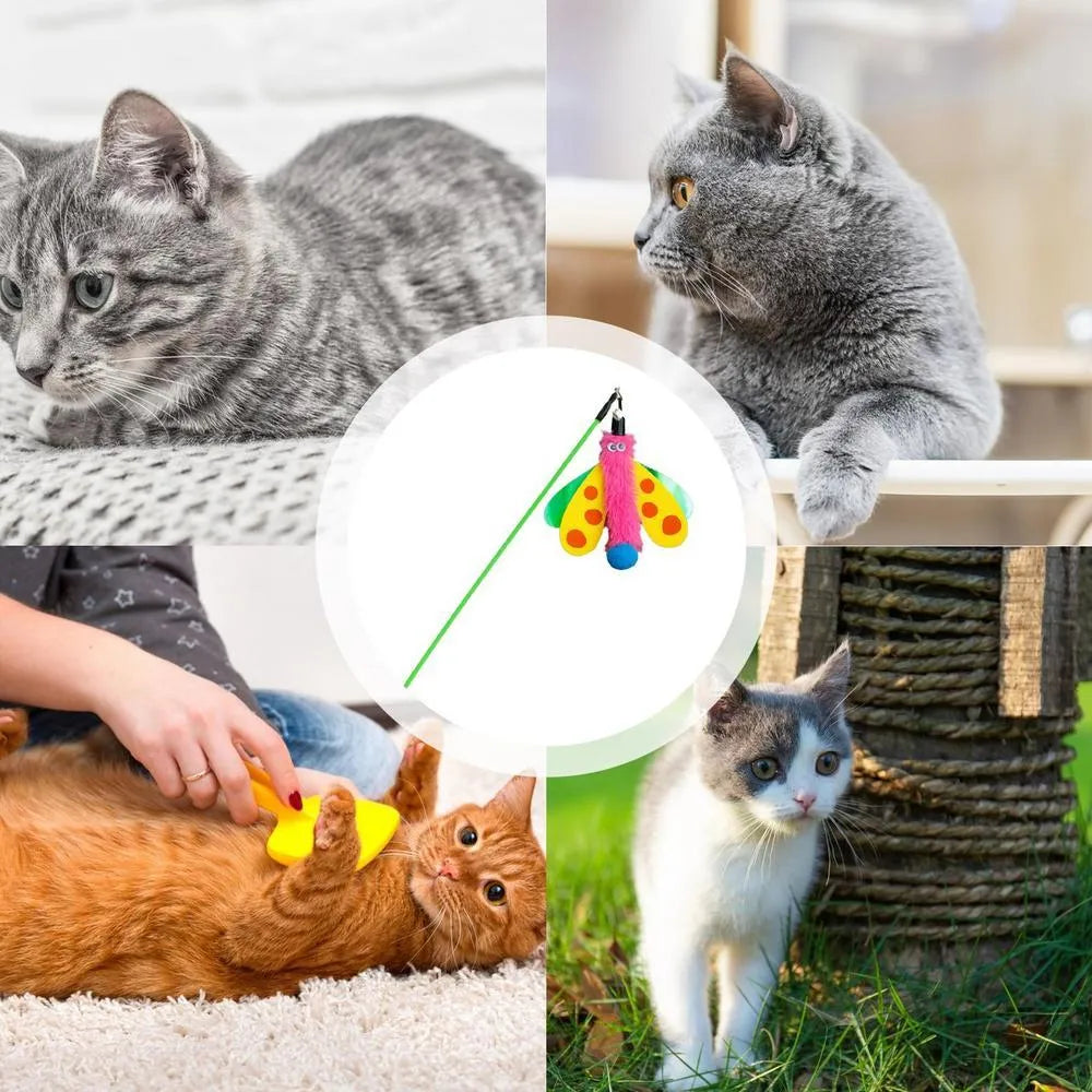 Cat wand toy with dragonfly attachment and bell on 49cm stick