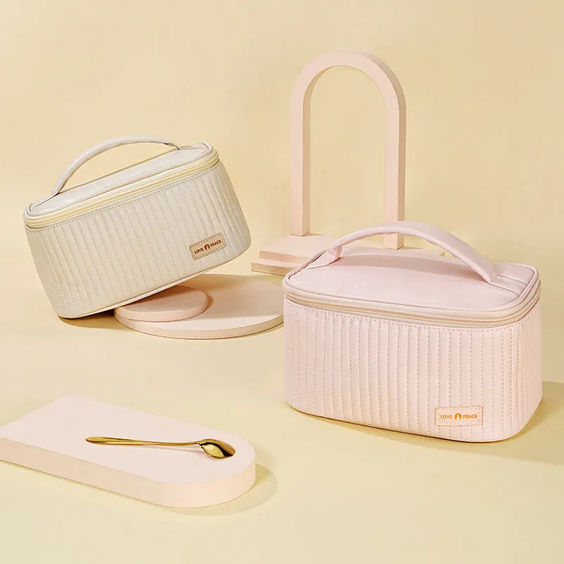 Open-top PU leather makeup bag in a choice of six solid colours: pink, coffee, beige, light blue, light green, light purple.
