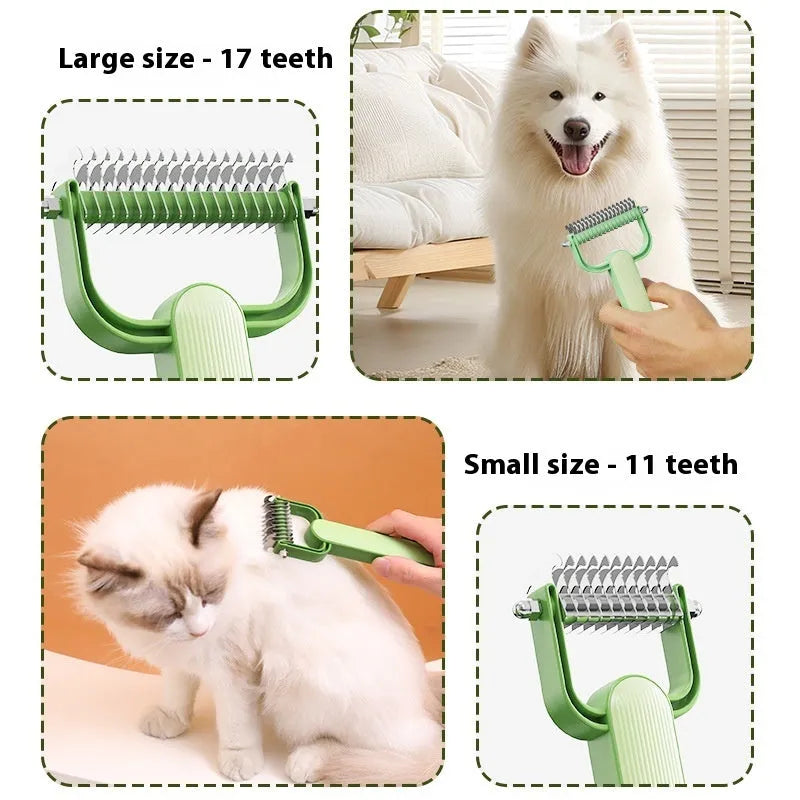 Dog grooming comb with stainless steel teeth and plastic handle in green or grey colour