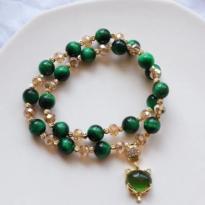 Handmade tigereye stone bracelet with leather or fox pendant in single or double chain style