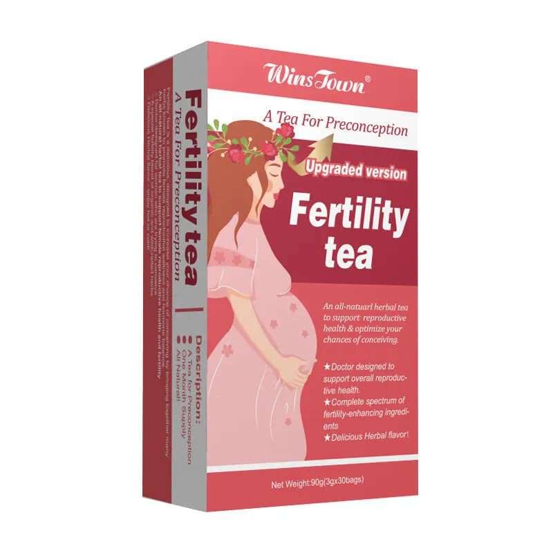 Box of fertility tea containing 90 individual tea bags for herbal reproductive support.