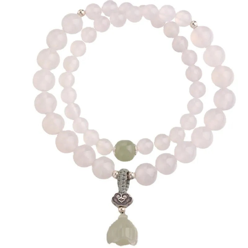 S925 sterling silver bracelet with white agate and Hetian jade beads, geometric national style design