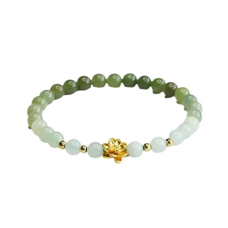 Hand-woven Hetian jade bracelet with sunshine water gradient colour and floral bead design.