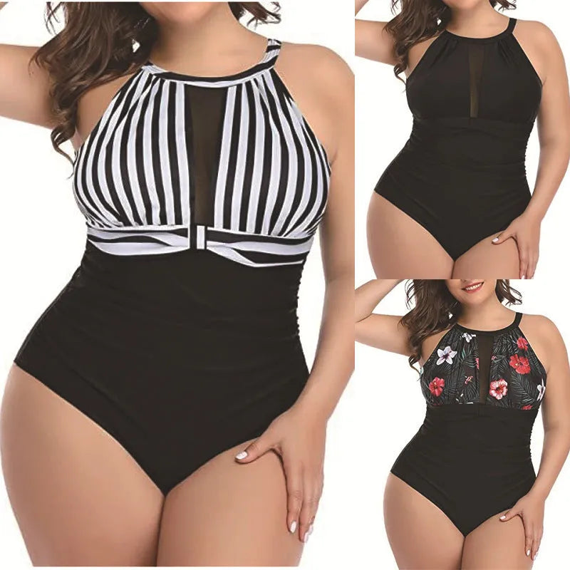 Women's black one-piece swimsuit with lace detailing on front, shown on mannequin.