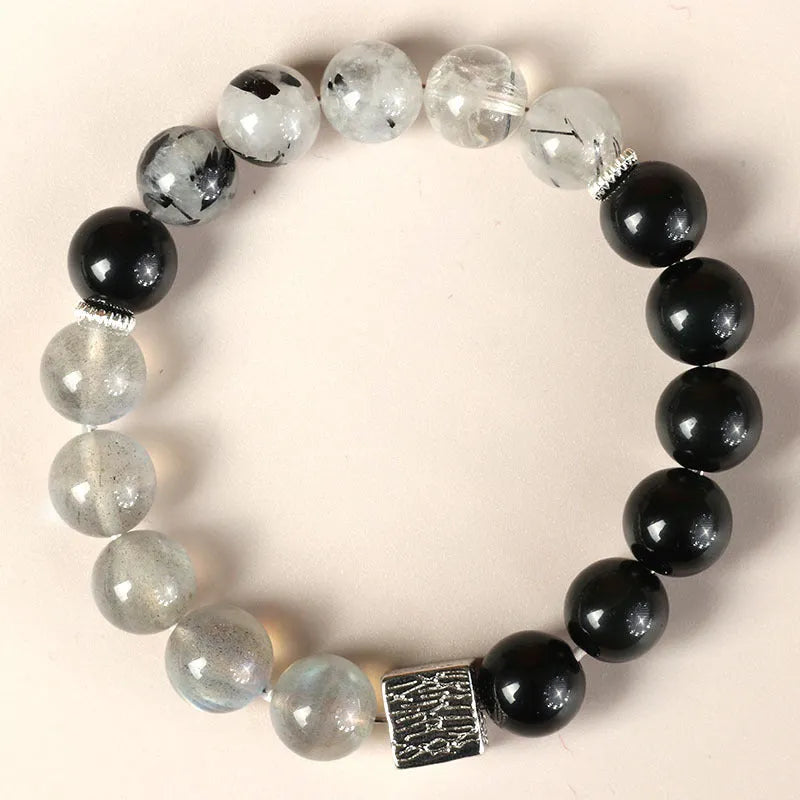 Khaki crystal couple bracelet with 10mm geometry shape and Chinese style design
