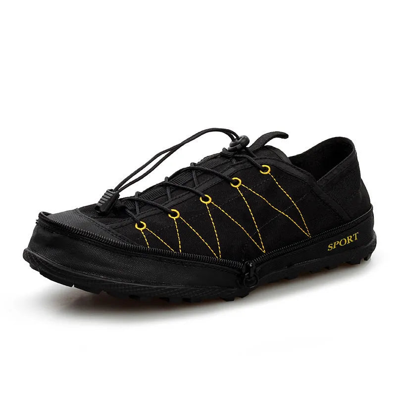 Orange portable folding outdoor hiking shoe with mesh upper and side zipper