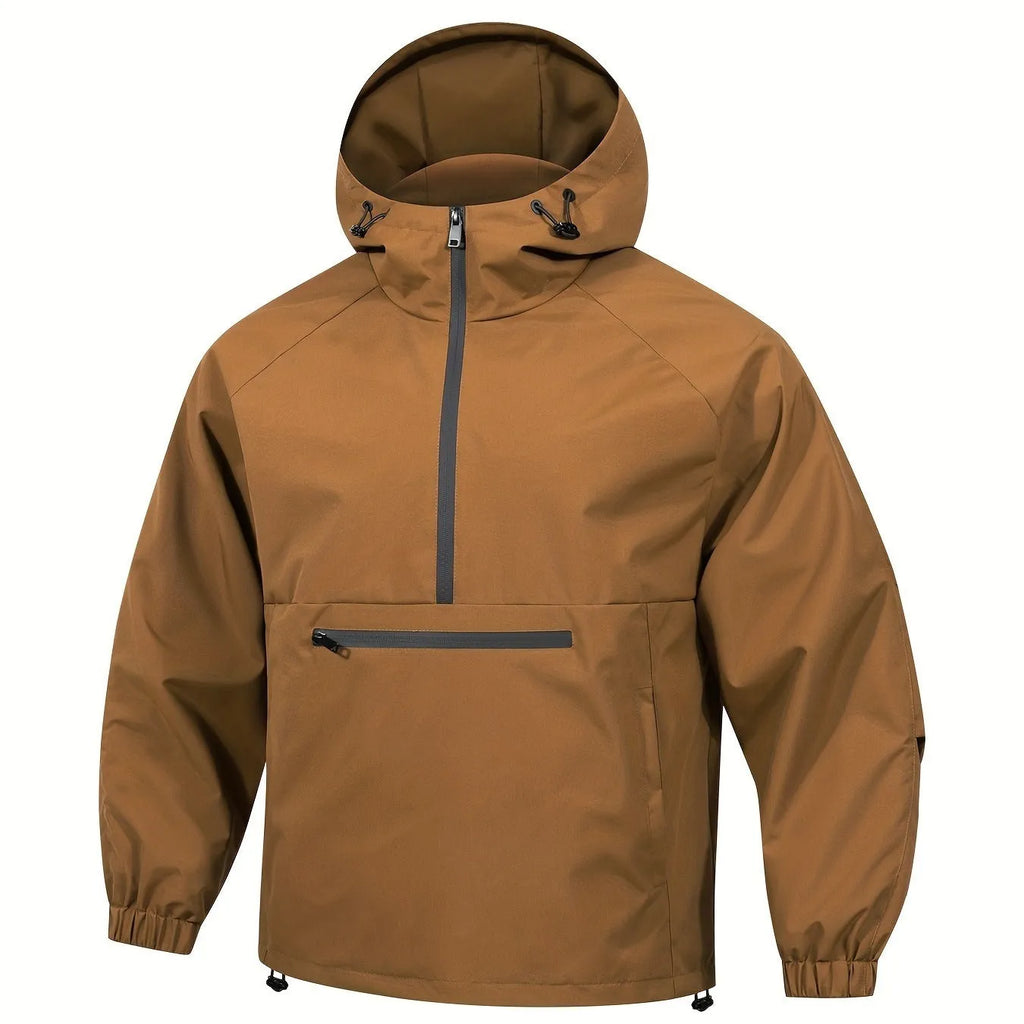 Men's loose grey corduroy half-zip hooded sweater jacket with rabbit fur fabric on a hanger