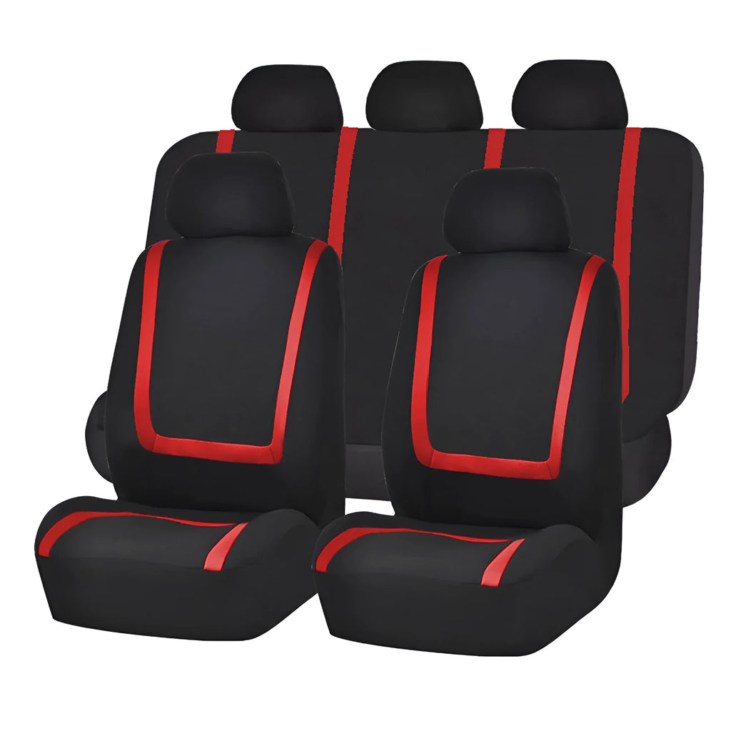 Universal fully enclosed fabric car seat cover set shown on a vehicle seat.