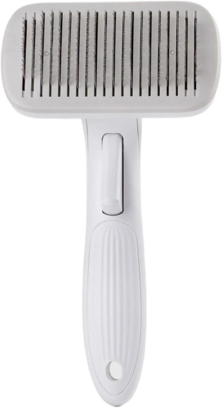 Automatic pet hair removal comb for dogs and cats in blue, grey, green or pink.