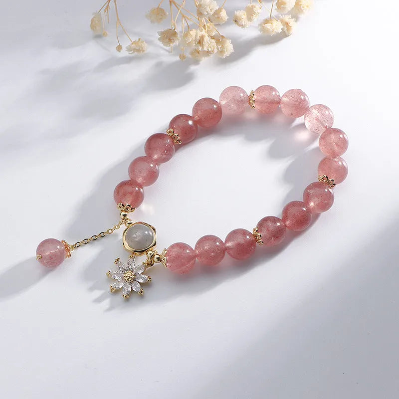 Strawberry quartz crystal bracelet with floral Mori style design and electroplated finish