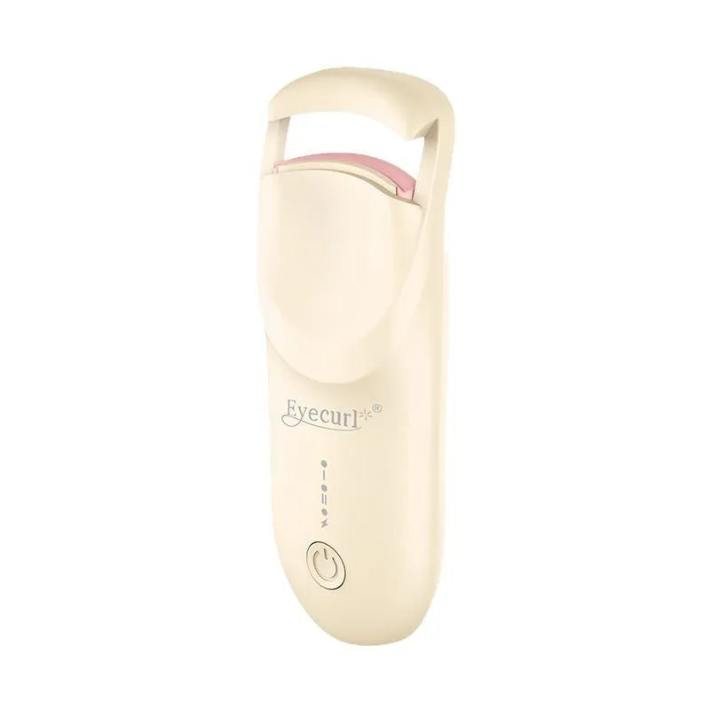 Electric heating eyelash curler in pink with USB charging cable on a white background