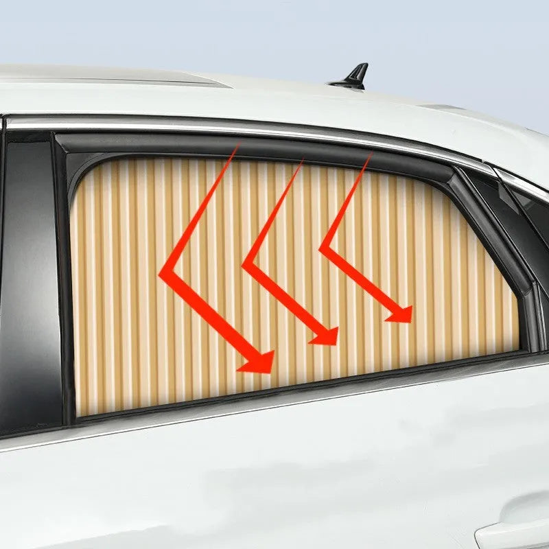 Auto retractable car sun curtain in black colour showing roller shutter mechanism