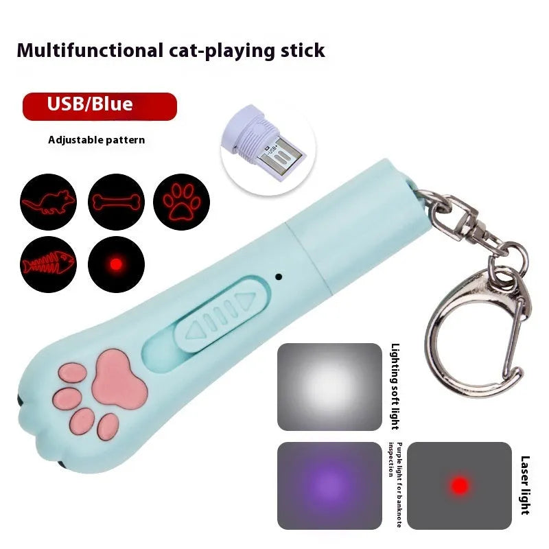 Infrared cat laser toy in blue plastic with five pattern projection functions and included cat teasing stick
