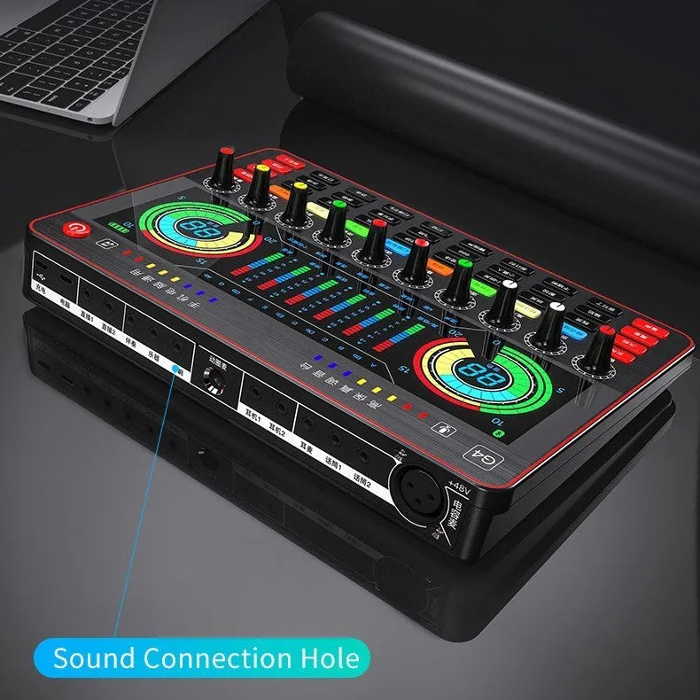 G4 professional sound card mixer with Q8 capacitor microphone, LCD screen, and tuning knobs for live streaming setup