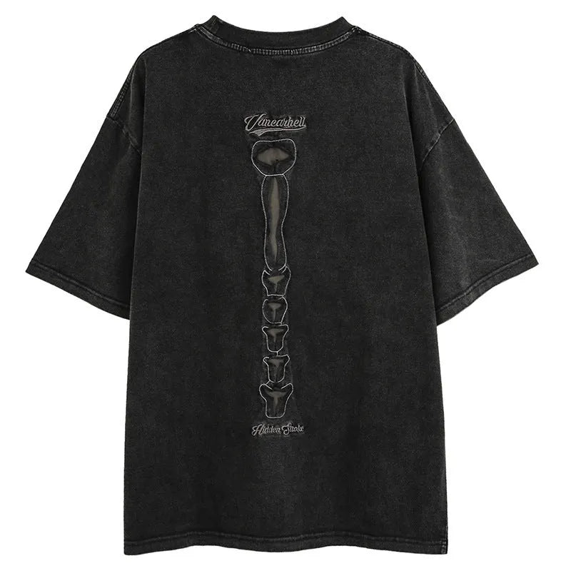 Men's black loose fit cotton T-shirt with skull and letter print, drop-shoulder sleeves