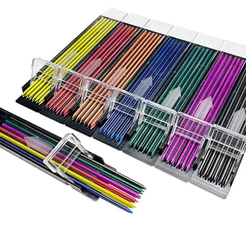Box containing 12 coloured mechanical pencil refill leads on a white background
