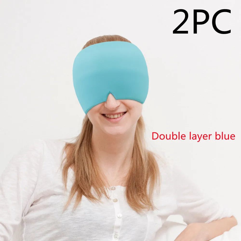 Black adjustable cold compress gel eye mask for headache relief on a plain background.