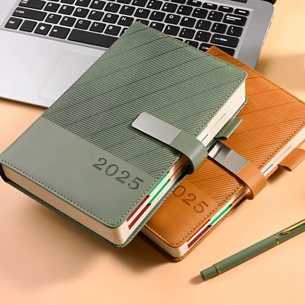 Office thick notepad with striped PU leather cover showing bean green colour option