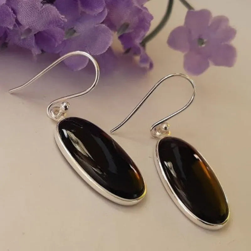 Women's geometric earrings with oval black agate pendant on 925 silver-plated alloy posts