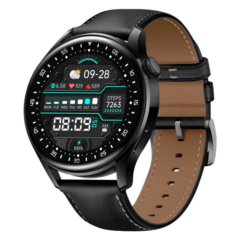 Sports smart watch with circular touchscreen display showing health metrics and payment interface