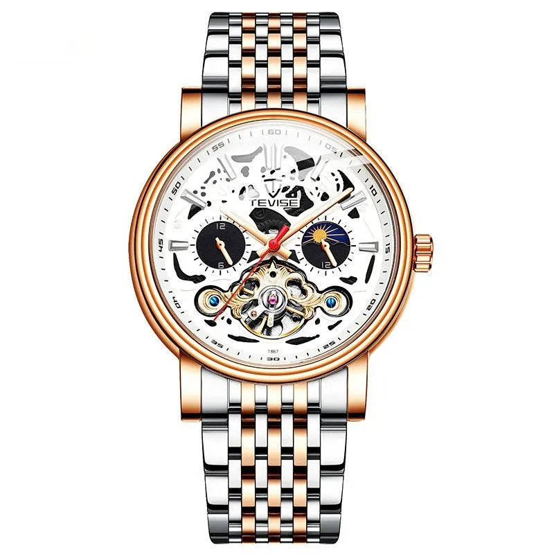 Men's mechanical watch with visible tourbillon, luminous dial, in rose black colour.
