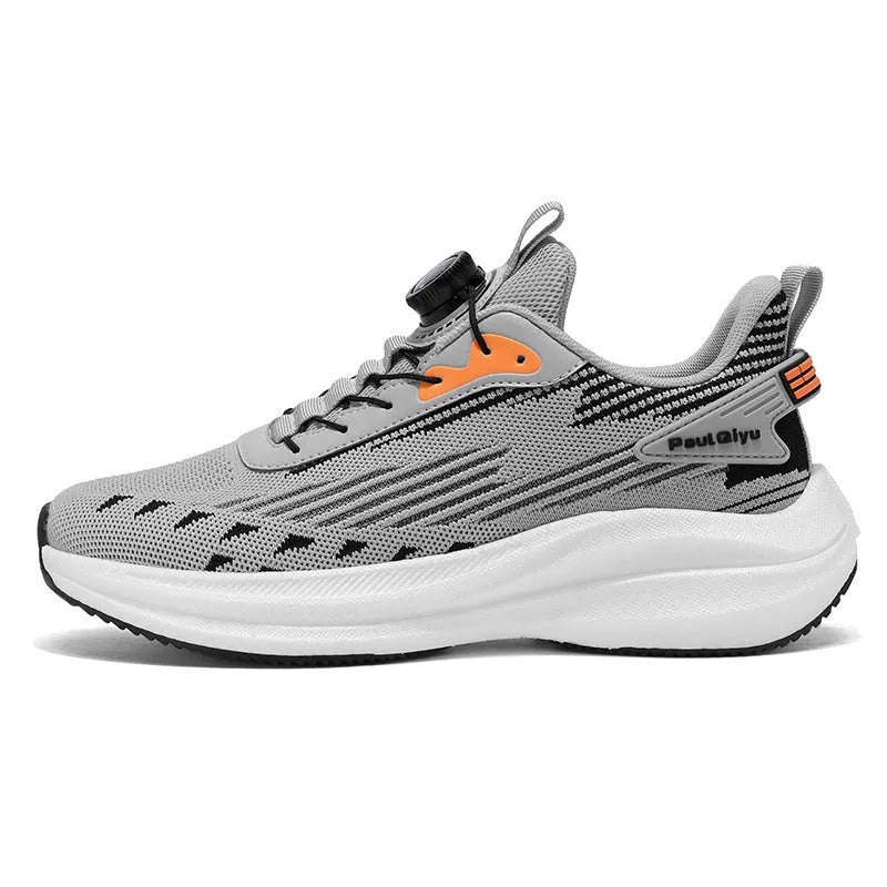 Men's grey rotating buckle Fly-knit mesh sports running shoes with TPU popcorn sole