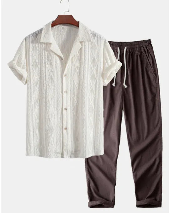 Men's slim fit casual suit set with digital camouflage print on short sleeve shirt and matching trousers