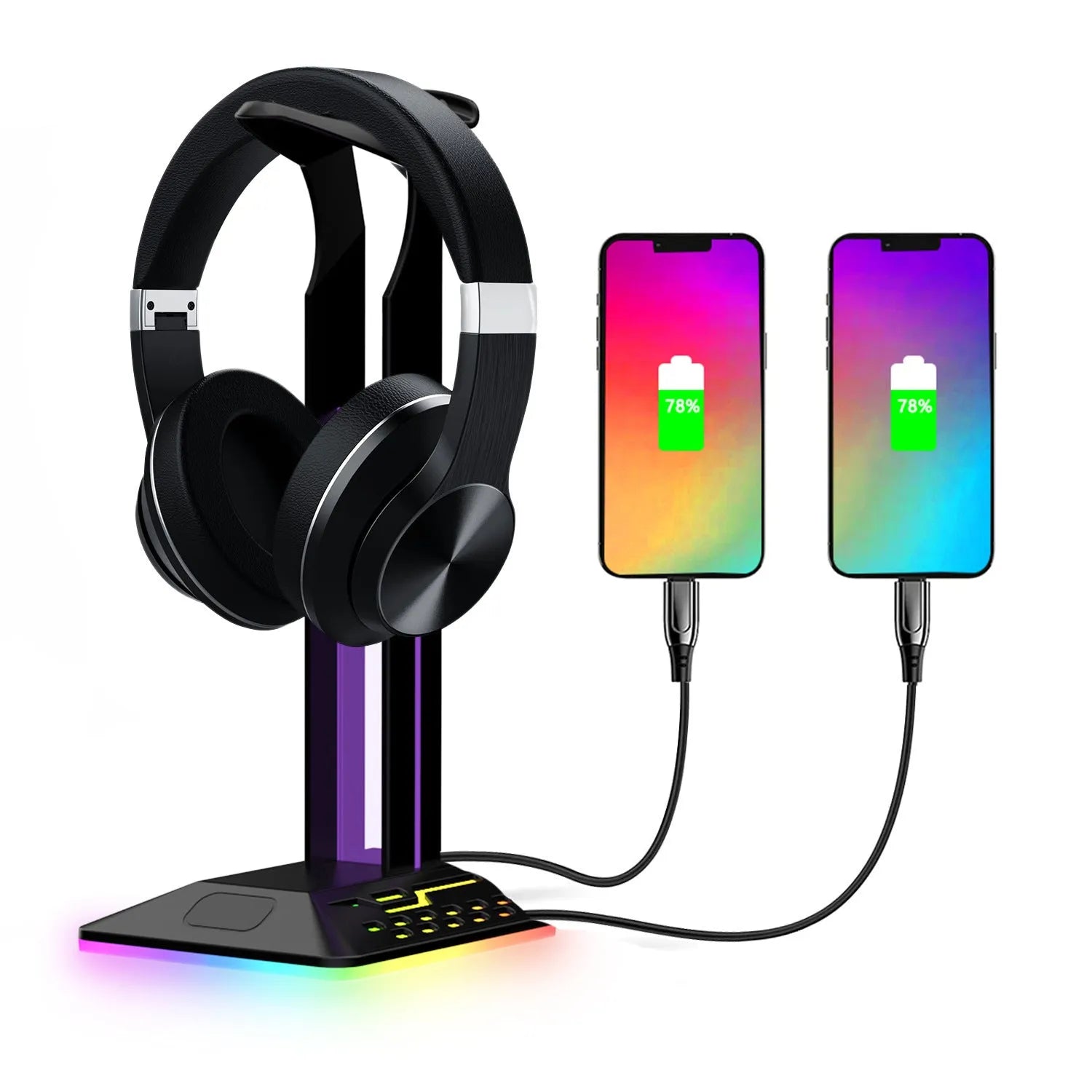 RGB headphone bracket with dual USB ports and customisable lighting on desk with headphones