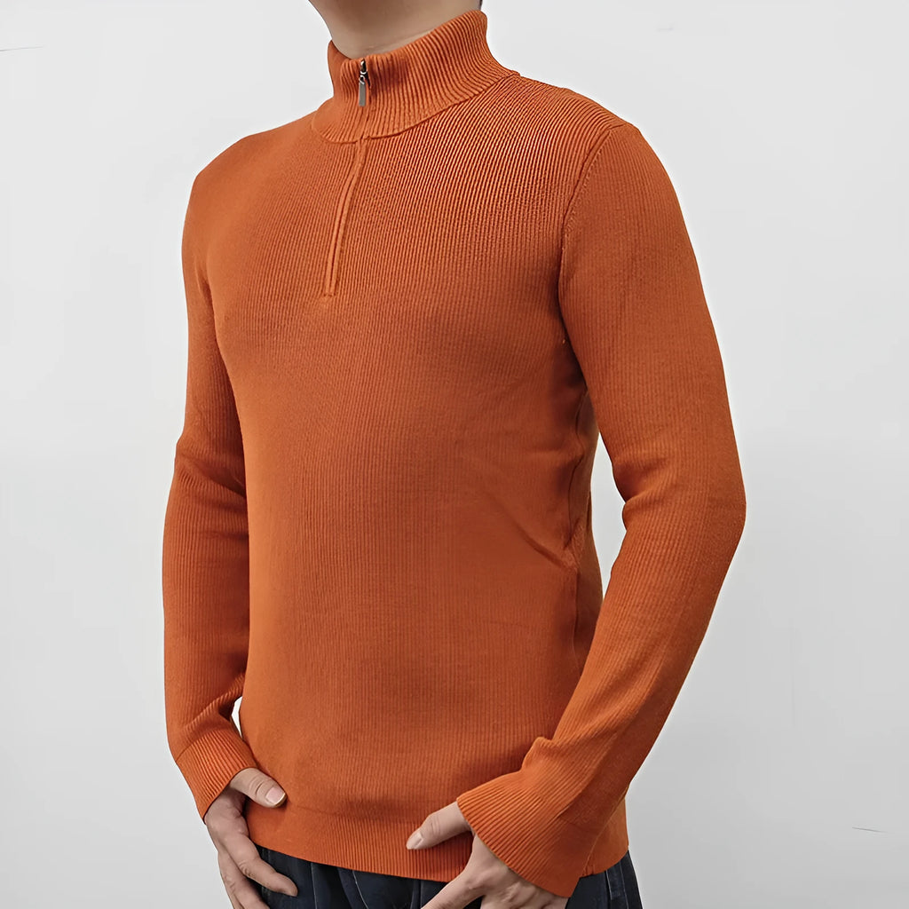 Men's half-turtleneck zip-front sweater in a cotton blend fabric, shown in multiple colours.