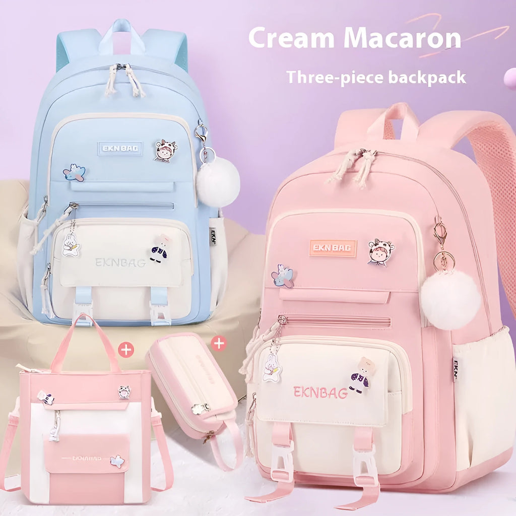 Girls' school backpack in Oxford cloth with curved shoulder straps and spine protection