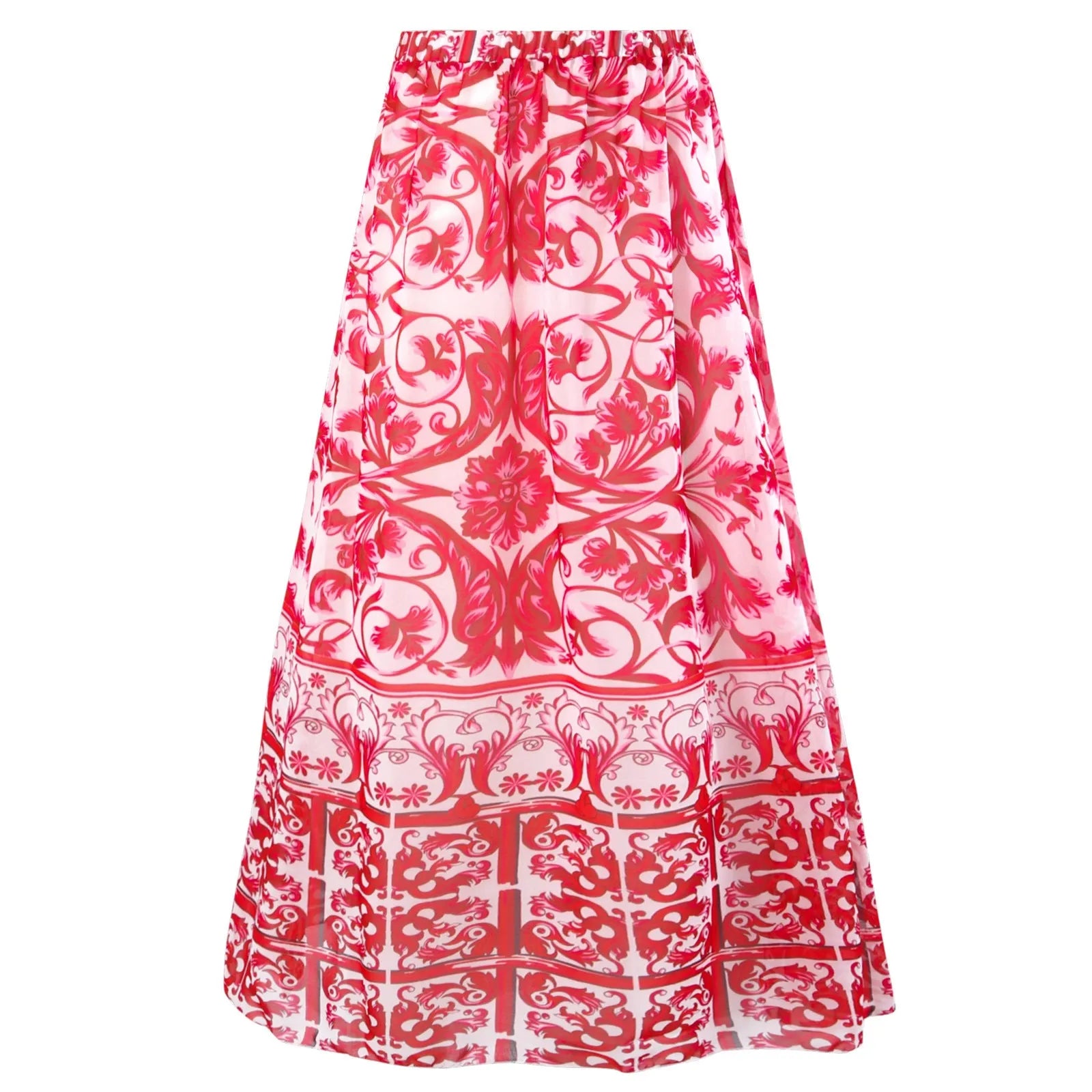 Women's printed one-piece swimsuit with matching cover-up skirt in rose pink.