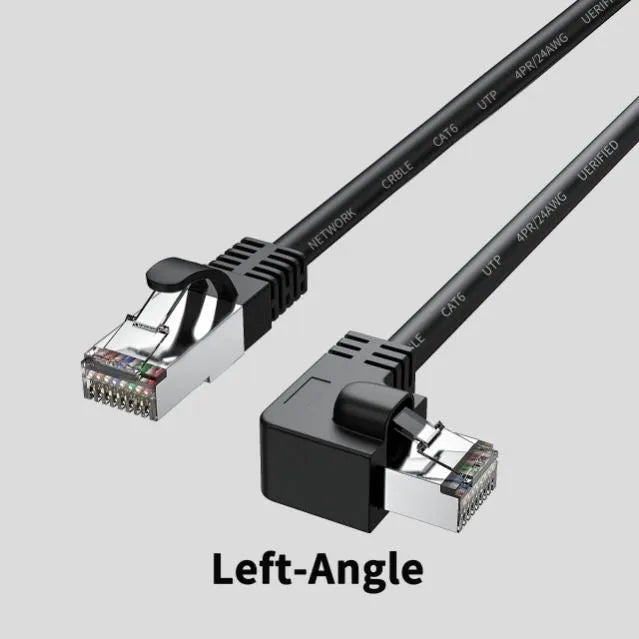 Cat6 Ethernet cable with right-angle RJ45 connector in multiple colour options including black, white, and red