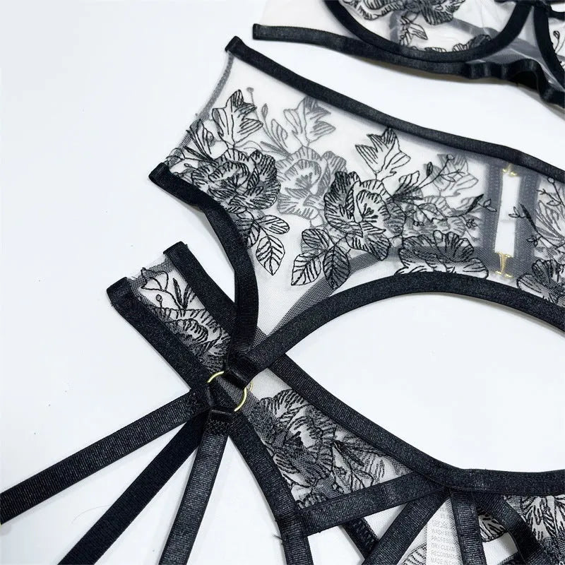 Black lace mesh three-piece women's set with floral print including top, trousers, and waist ring
