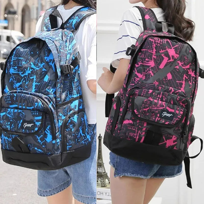 Blue or red nylon backpack with large 20-32 litre capacity for school, travel and outdoor use