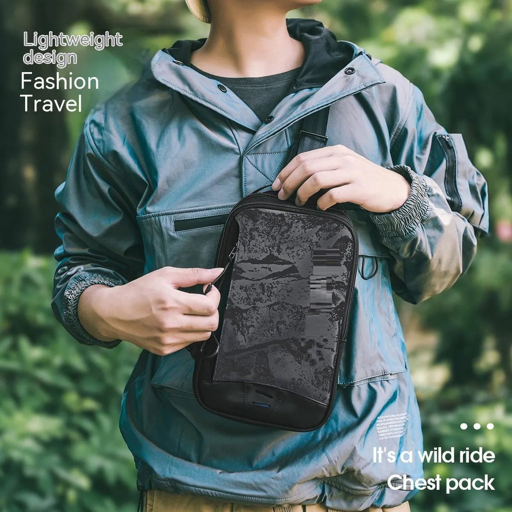 Casual black TPU camouflage pattern chest bag with single shoulder strap and soft handle.