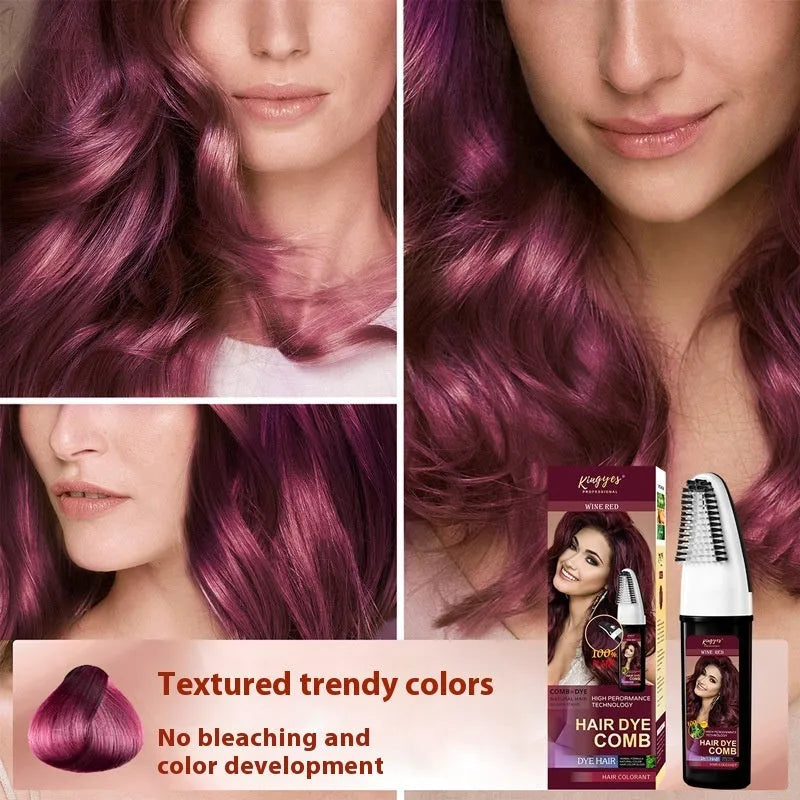 200ml bottle of permanent hair dye with a built-in comb applicator in Brown, Wine Red, or Dark Brown.