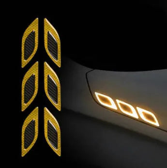Blue and yellow 17mm reflective car bumper strips showing universal fit for vehicle wheels