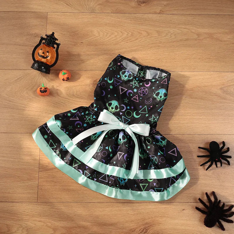 Halloween dog skirt with colourful pumpkin or skull print on white background