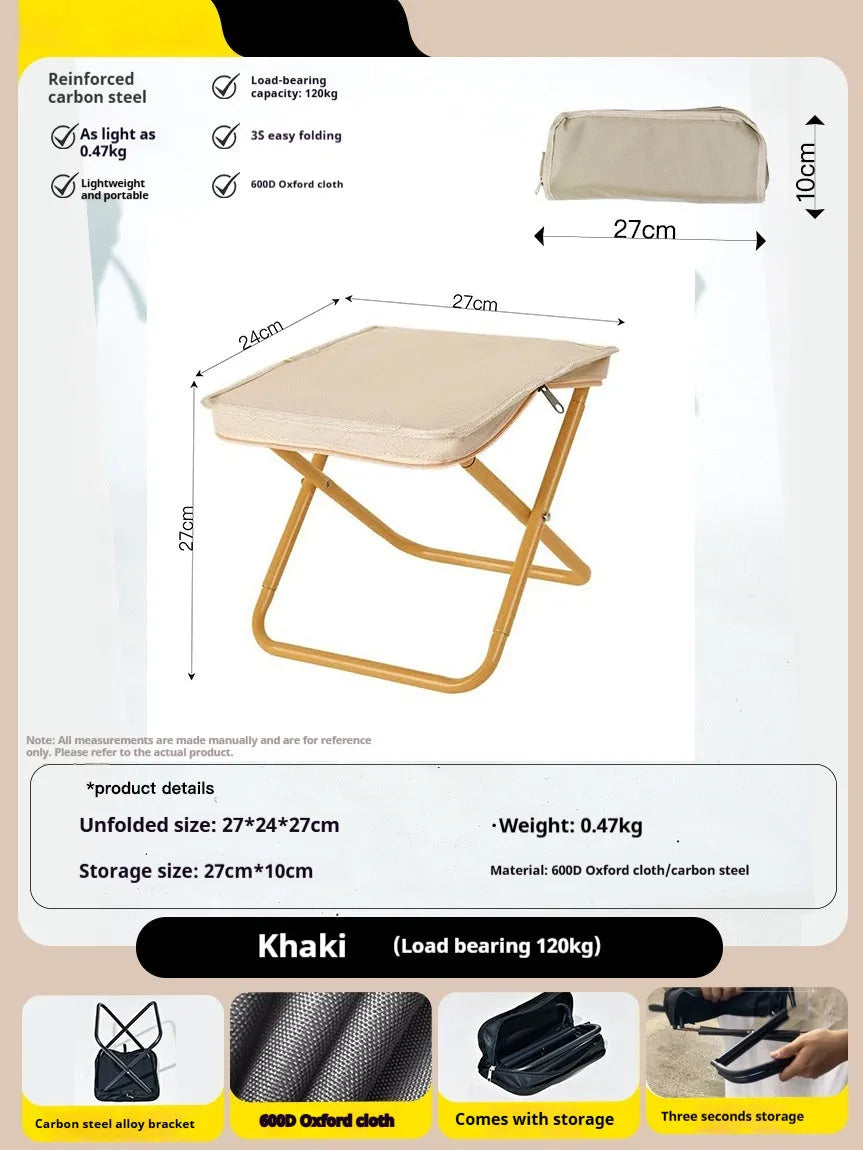 Lightweight foldable camp chair stool in Oxford cloth, shown in a khaki colour, folded into its compact pencil box shape.