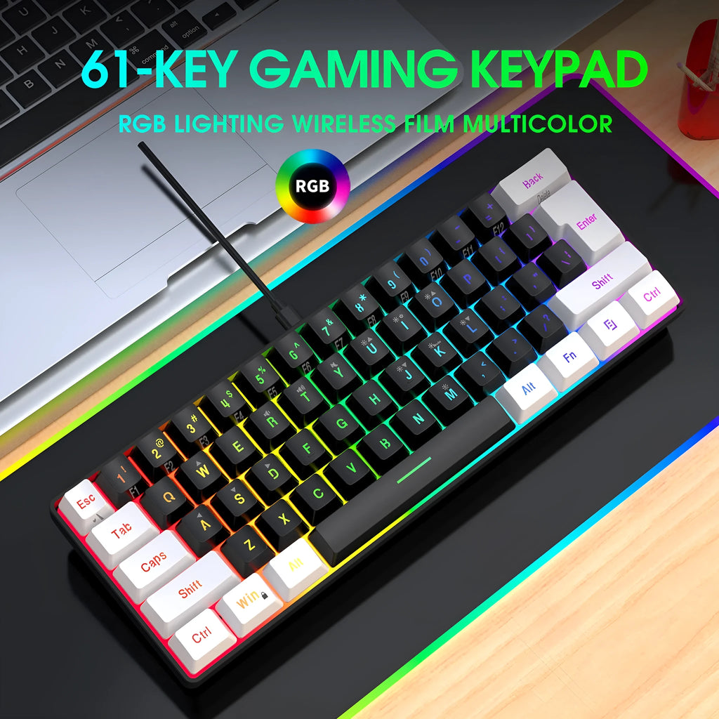Compact 61-key wired membrane keyboard in white and black colour scheme